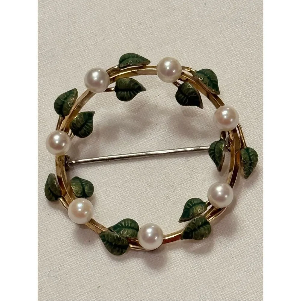 Vintage Krementz Wreath Pearl Green Leaf Gold Fill Brooch